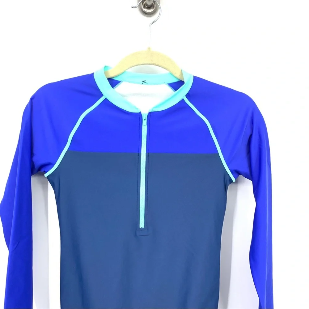 LL Bean Kids Girls Size 14 Bathing Suit One Piece Long Sleeve Swim Blue 1/4 Zip